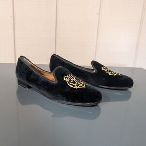 Stubbs & Wootton Black Velvet Embroidered Crest Smoking Flat Slippers 7.5 AA